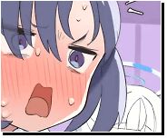 Color "Wrong Hole, Koyuki (Blue Archive)" 2girls blue_eyes blue_hair close-up eye_visible_through_hair face hair_between_eyes hair_over_eyes halo noa_(blue_archive) nose_blush open_mouth purple_eyes purple_hair red_pupils surprised sweat swept_ban from greasy hair