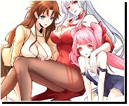 Color 3girls ahoge bare_shoulders blue_eyes blue_swimsuit blunt_bangs brown_hair cleavage_cutout finger_to_own_chin grey_hair hair_bow hand_on_another's_breast kneeling large_breast long_hair pantyhose pink_eyes pink_hair red_dress red_eyes silver_hai from greasy hair