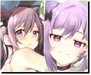 Color 1girl armpit_crease beach black_bow cat_hair_ornament choker close-up cone_hair_bun double_bun face hair_between_eyes hair_bow hair_ears hand_up head_tilt innertube keqing_(genshin_impact) looking_at_viewer looking_back multiple_views nude purple_ey from greasy hair